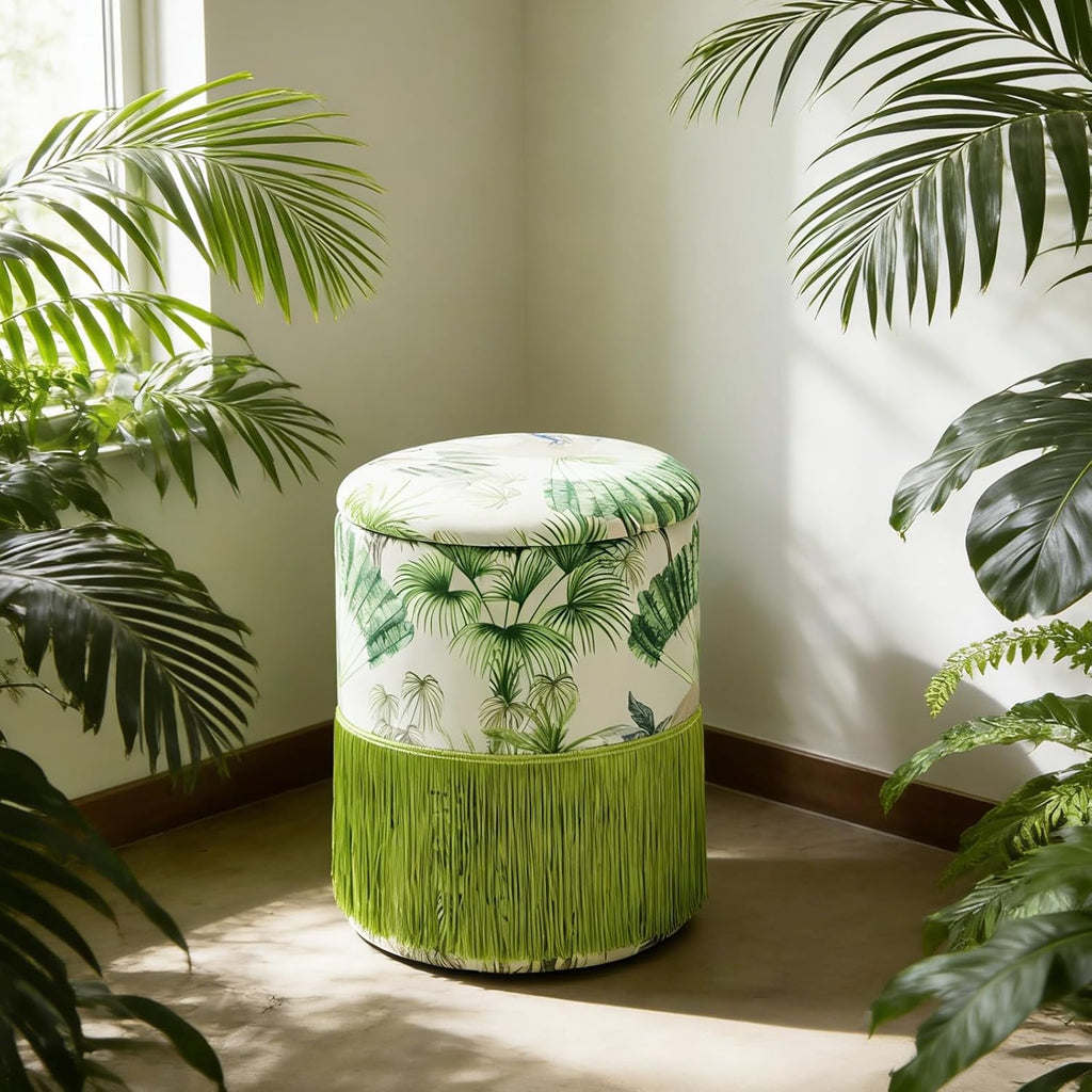 Round Fringe Ottoman with Storage, Farmhouse Tassel Velvet Footrest Stool, Flip Top Vanity Ottoman Chair for Living Room Bedroom