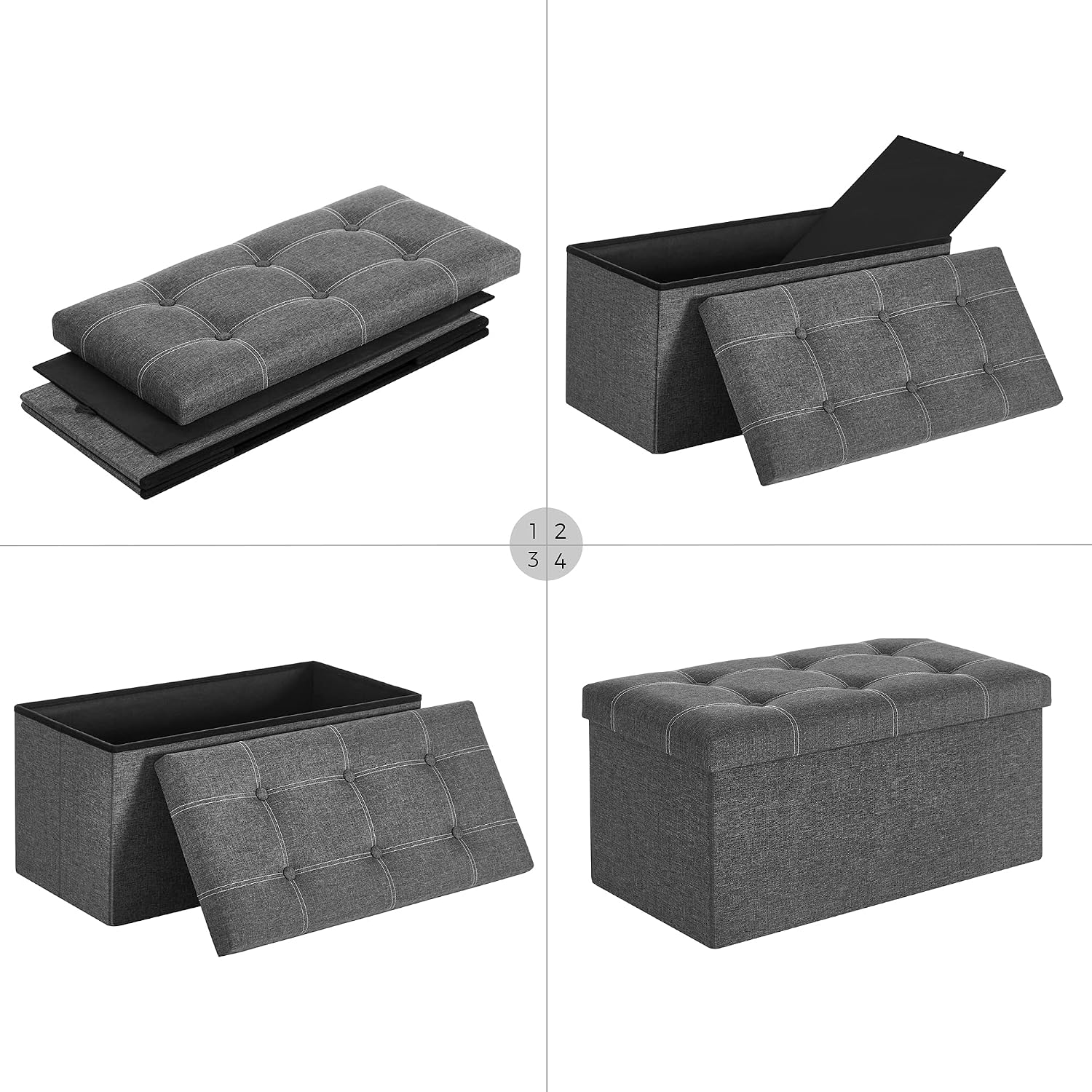 SONGMICS Mazie Collection - 30 Inches Ottoman Storage Bench, 21 Gal. Folding Chest with Breathable Linen-Look Fabric, Load up to 660 lb, for Entryway, Living Room, Bedroom, Dark Gray ULSF001G01