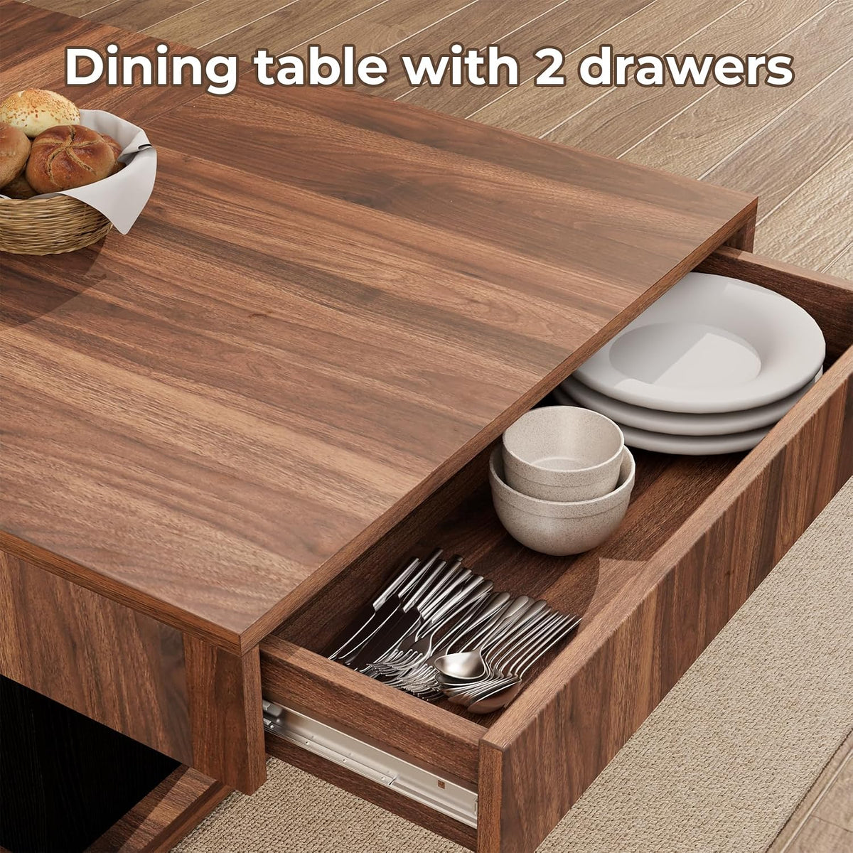 55" Dining Table for 4 to 6 People, Farmhouse Wood Dinner Table with Drawers & Open Storage for Kitchen, Dining Room & Living Room (Walnut & Black)