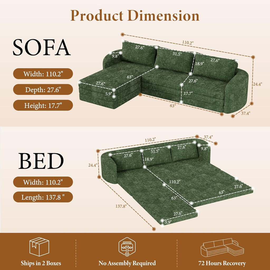 Vesgantti 110.2" Modular Sectional Sofa with Curved Armrest, 6 in 1 Convertible Folding Sleeper Sofa Bed, Chenille Couch for Living Room, No Assembly Required, Green, Left Facing Chaise