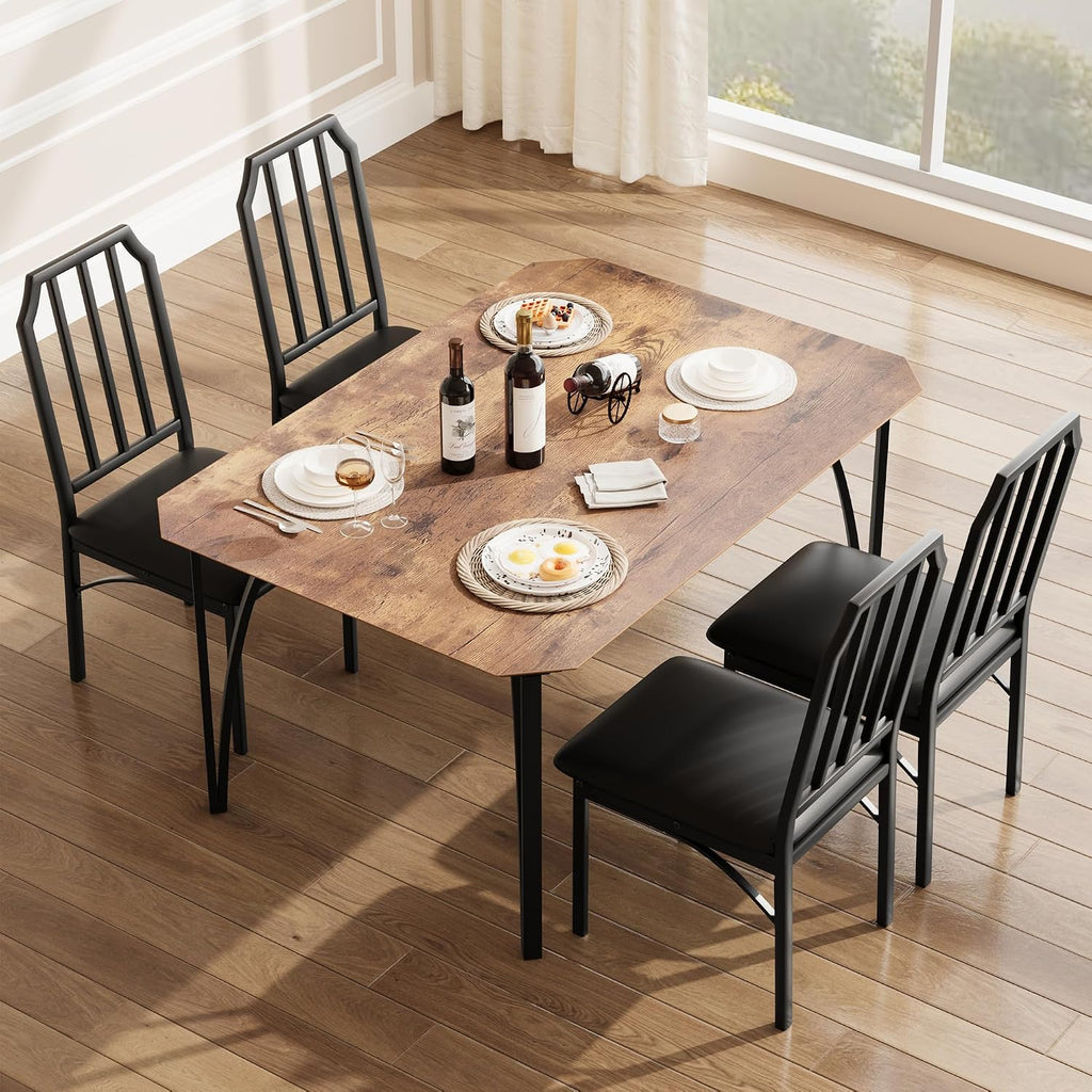 GAOMON 5-Piece Dining Table Set for 4, Modern Kitchen Table with Chamfered Design and Upholstered Chairs, Leather-Cushioned Seats for Small Spaces and Apartments, Space-Saving (Brown/Black,5 Pack)
