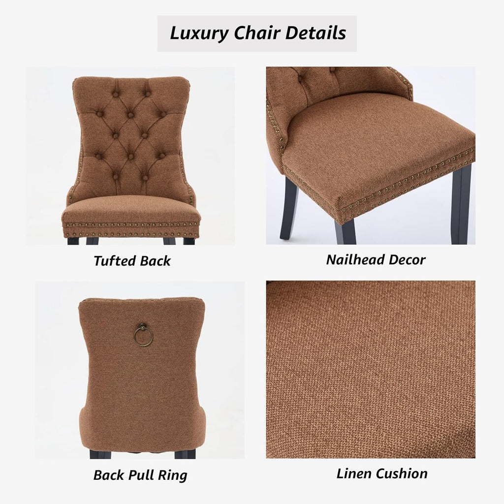 Espresso Brown Mid Century Modern Dining Chairs Set of 4, Linen Upholstered Kitchen & Dining Room Chairs with Nailhead Trim & Solid Wood Legs, Elegant Sillas De Comedor (Coffee, 4 Pcs)