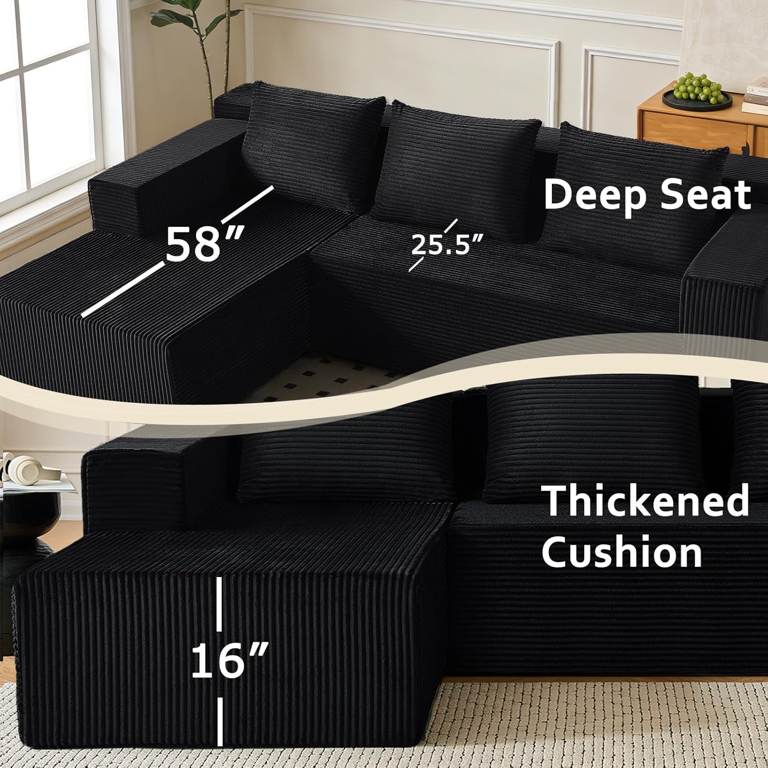 ANONER 103” Modular Sectional Sofa - L Shaped Upholstered Cloud Couch, Free Combination Deep Seat Corner Sofa, Sectional Couches for Living Room, Modern Minimalist Couch, Black