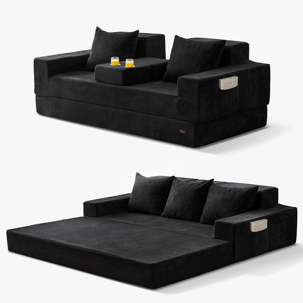 MAXYOYO Sofa Bed, 80-Inch Oversized Loveseat, 2 Cup Holders | Corded Black 4-in-1 Couch Converts Into a Floor Sofa or Chair; Sofa-in-a-Box Design Requires No Assembly.