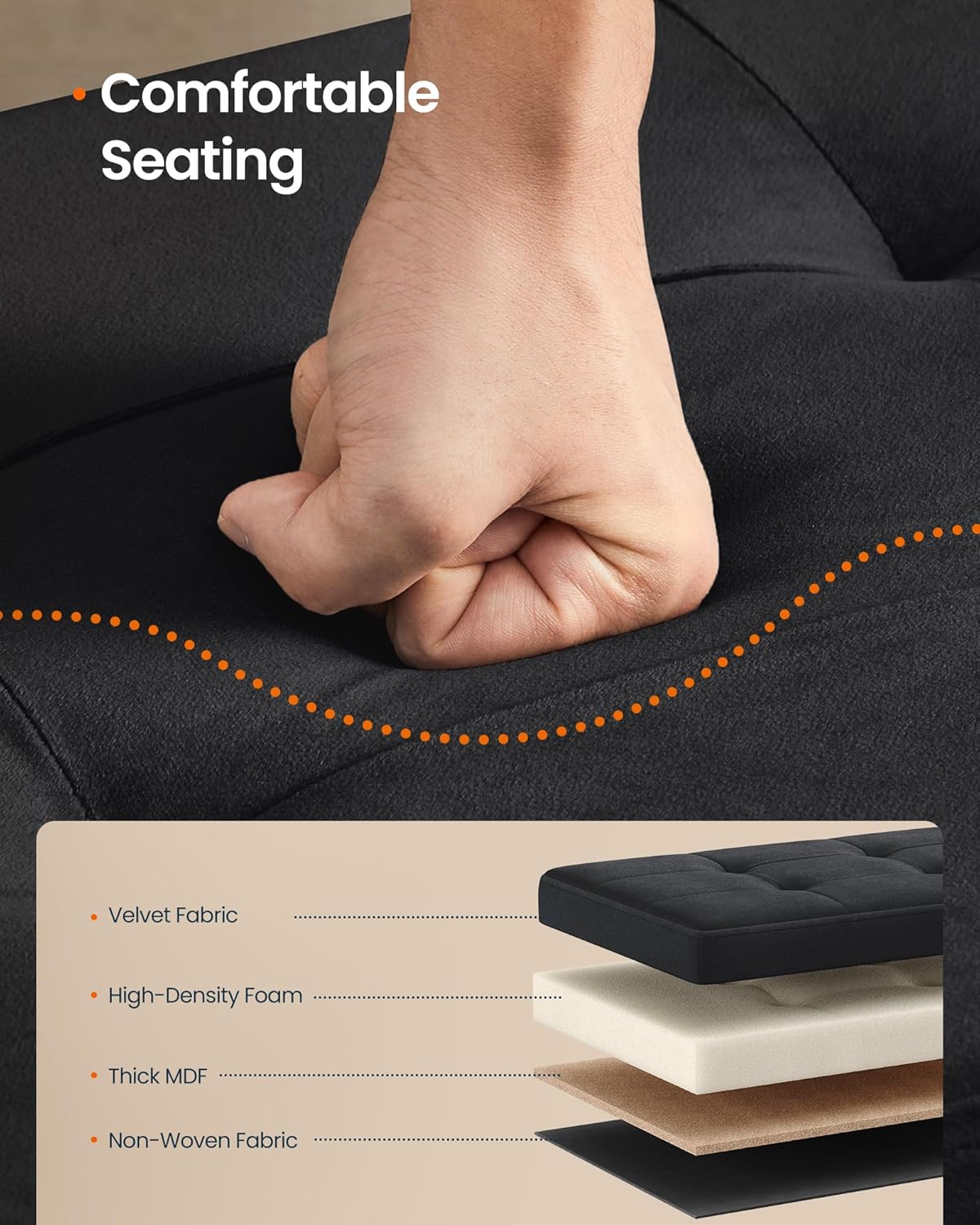 SONGMICS HOME Ottoman with Storage, Removable Lid, Folding Storage Chest, Easy Assembly, for Entryway, Bedroom, Living Room, 15.2 x 43.2 x 15.2 Inches, Velvet, Black