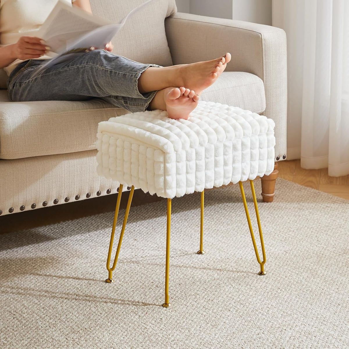 IBUYKE Rectangle Vanity Chair Ottoman, Footrest Stool, White WBD004W | Storage Space Footstool Vanity Stool Dressing Table Chair Anti-Slip Feet Makeup Room Bedroom Square Grid Pattern