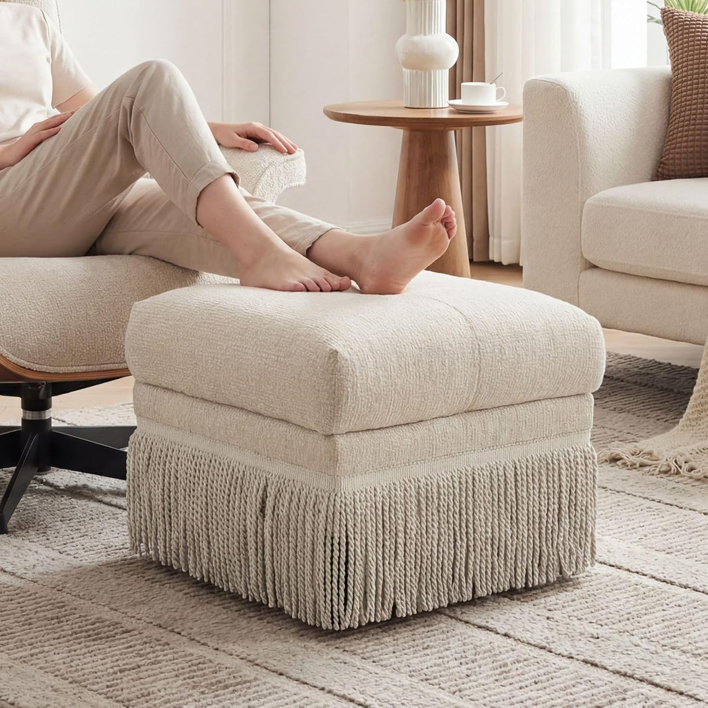 Hyfirm Brown Upholstered Ottoman Footstool with Fringe Skirt, 21.5" Square | Modern Tufted Soft Padded Footrest Cushion, Decorative Boho Tassel Vanity Accent Stool for Living Room Bedroom Entry