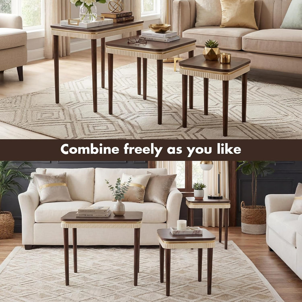 Hyfirm Walnut Nesting Tables Set of 3, Mid Century Side Tables | Space-Saving Stackable Design | Veneered Tops with Gold Trim | Rubberwood Legs