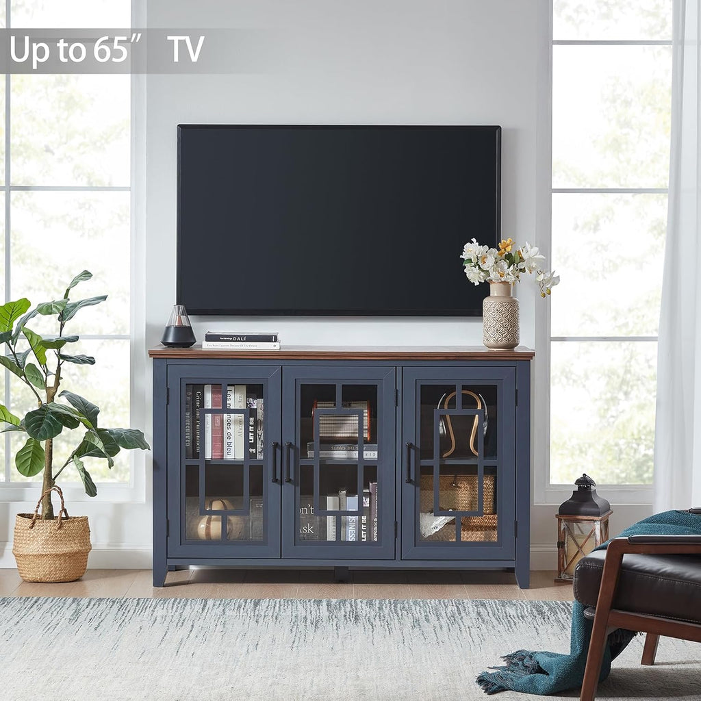 Joaxswe Large Sideboard Buffet Cabinet with Storage, 55" Farmhouse Credenza with 3 Glass Doors, Adjustable Shelves Console Table, Wood Kitchen Coffee Bar for Dining Room, Living Room, Navy Blue
