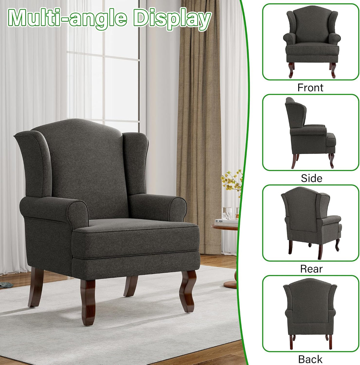 Lumibee High Back Accent Chair, Comfy Armchair with Solid Wood Legs for Living Room, Upholstered Accent Chair for Small Space, Single Sofa Reading Chairs for Office-Dark Gray