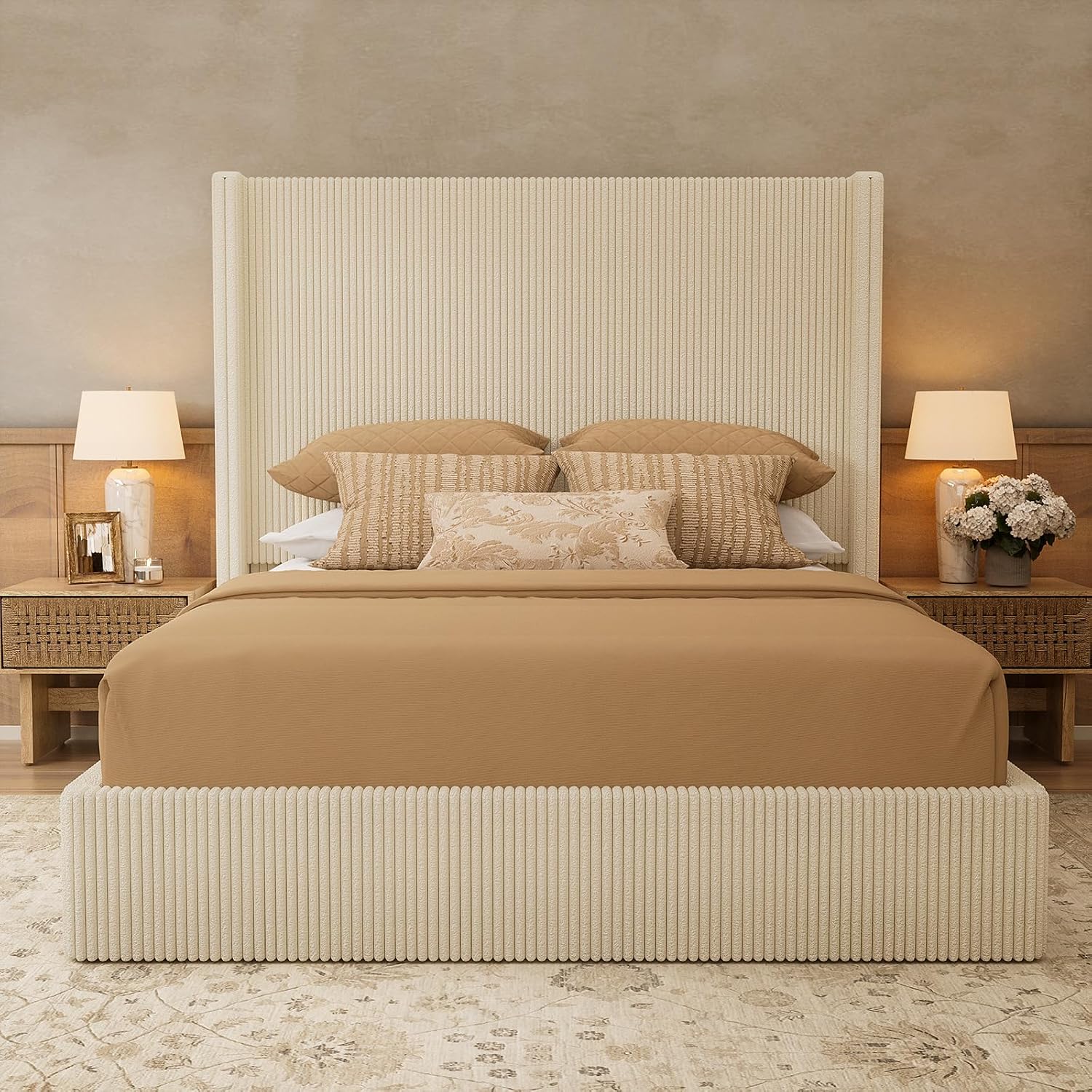 Yechen Queen Bed Frame with Lift Up Storage, 51.2" Tall Headboard and Upholstered Wingback Platform Bed Frame, Hydraulic Support, No Box Spring Needed, Beige Corduroy