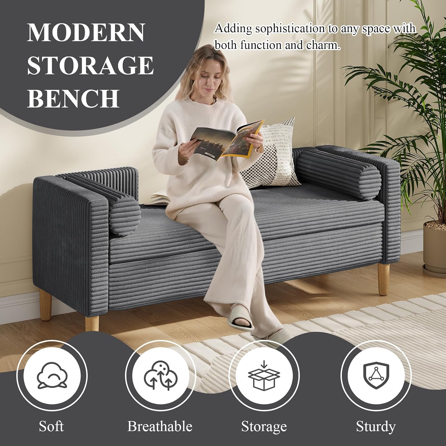 65.35" Storage Bench, Corduroy Upholstered End of Bed Bench with Bolster Pillows, Modern Storage Bench with Natural-Patterned Wooden Legs, Comfy Entryway Bench for Entryway (Charcoal)