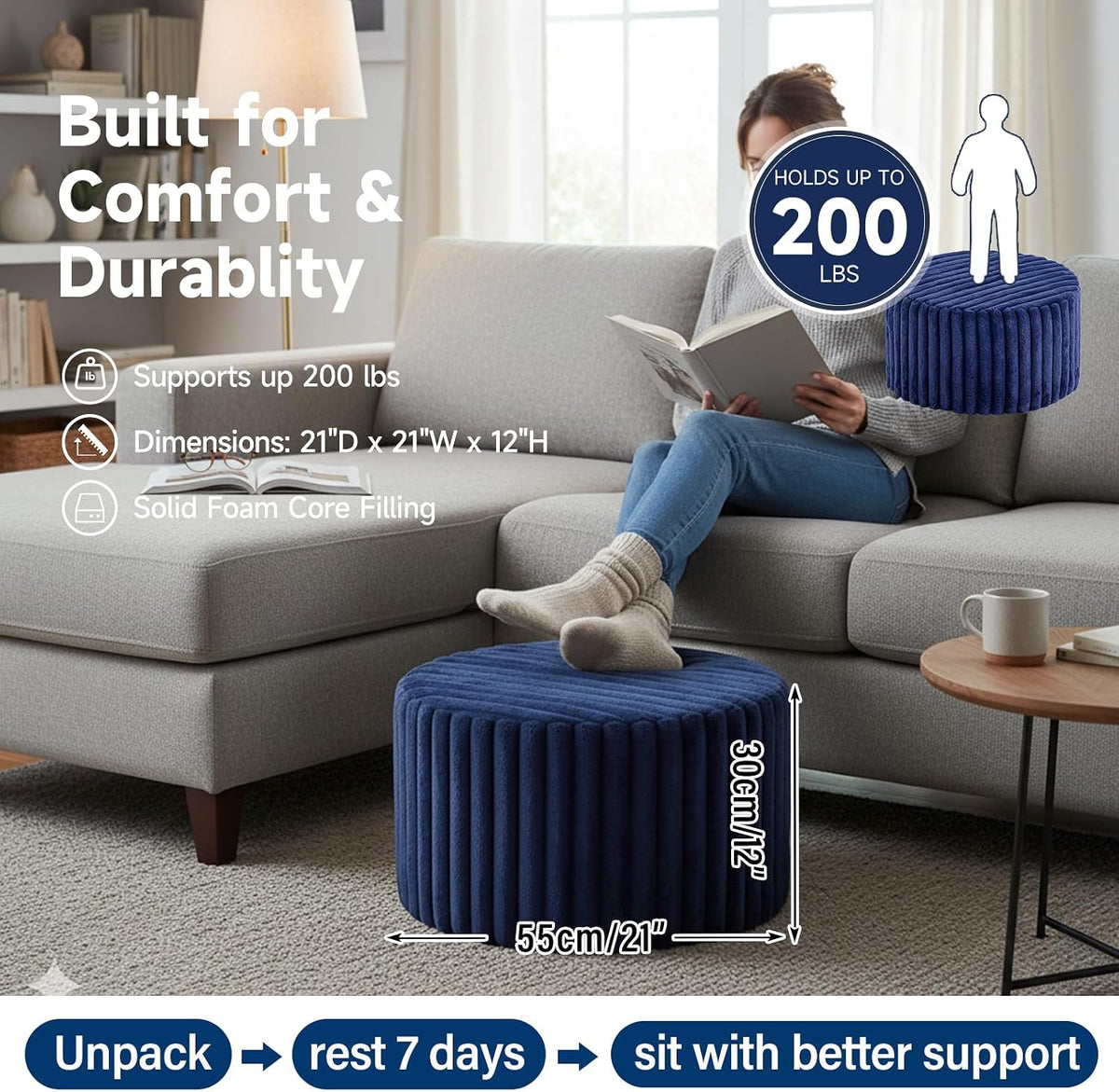 Tiita Round Stuffed Pouf Ottoman, Soft Foot Stool with Solid Foam Block | 21x21x12 Inches Fluffy Floor Pouf Chair & Footrest Cushion for Couch Living Room, Navy Blue