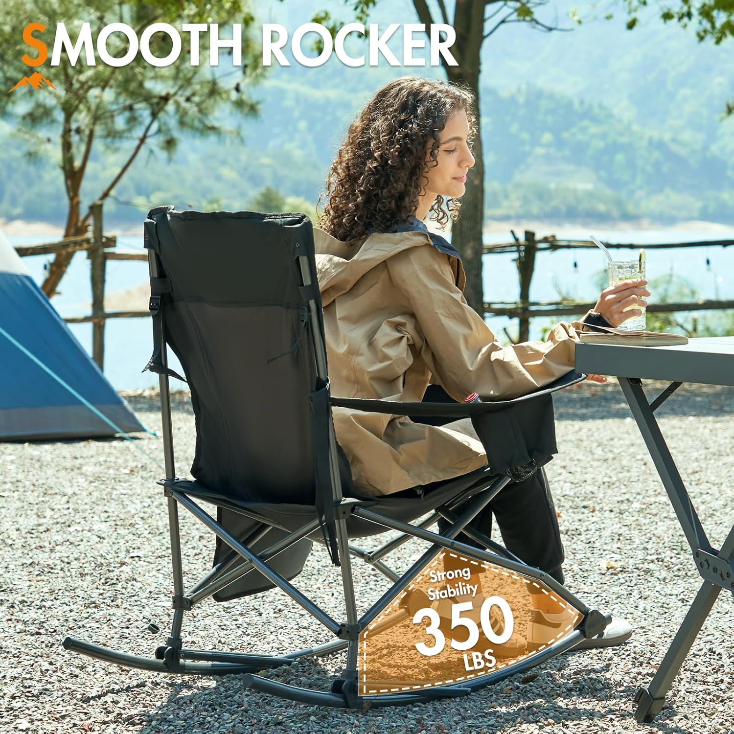 Portal Outdoor Rocking Chair Camping Folding Portable Rocker with Cup Holder Side Pocket Carry Bag, Support 350LBS (Black)