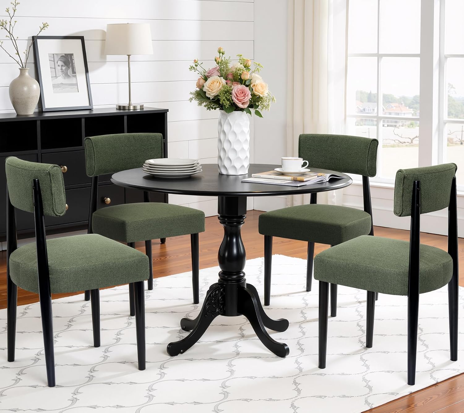 Wooden Dining Chairs Set of 4, Upholstered Kitchen Chairs with Solid Rubberwood Legs, Modern Farmhouse Dining Room Chairs, Green Linen Fabric & Black Legs
