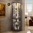 Corner Curio Cabinet, 70" H Lighted Glass Display Cage with Tempered Glass Doors and 5 Adjustable Shelves, Light Bulb Inclued, Wine Bar China Cabinet for Living Room (Black)
