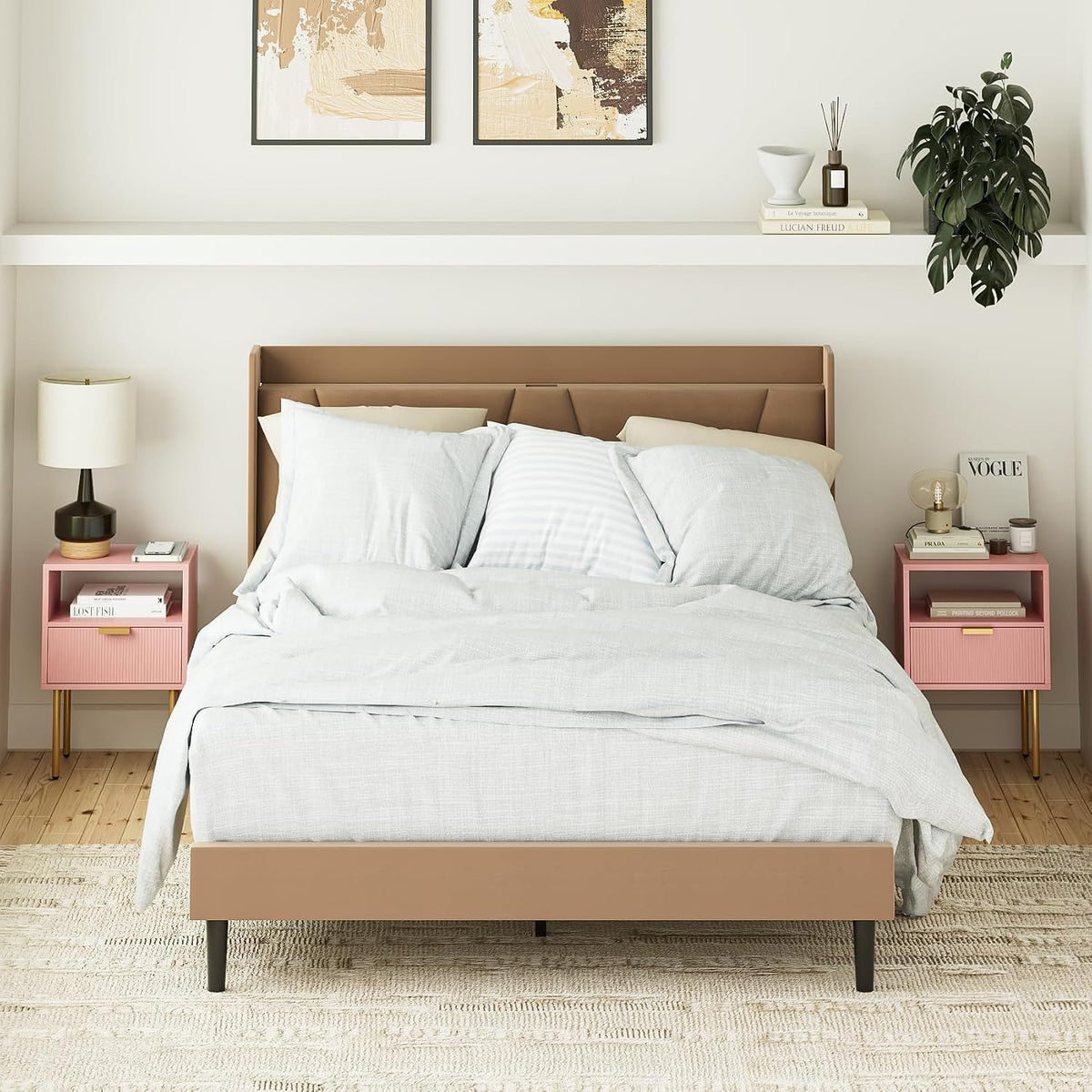 Nightstand,Morden Bedside Table with Gold Frame,Small Night Stand,End Table,Bedside Furniture,Side Table with Drawer and Shelf for Bedroom,Living Room (1Drawer, Pink)