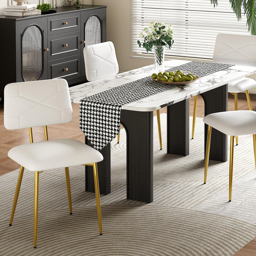 VECELO Dining Chairs Set of 4, Modern Upholstered Kitchen Chairs with Faux Leather Cushion Seat & Metal Legs for Kitchen, Living Room, Tufted Backrest Design, White