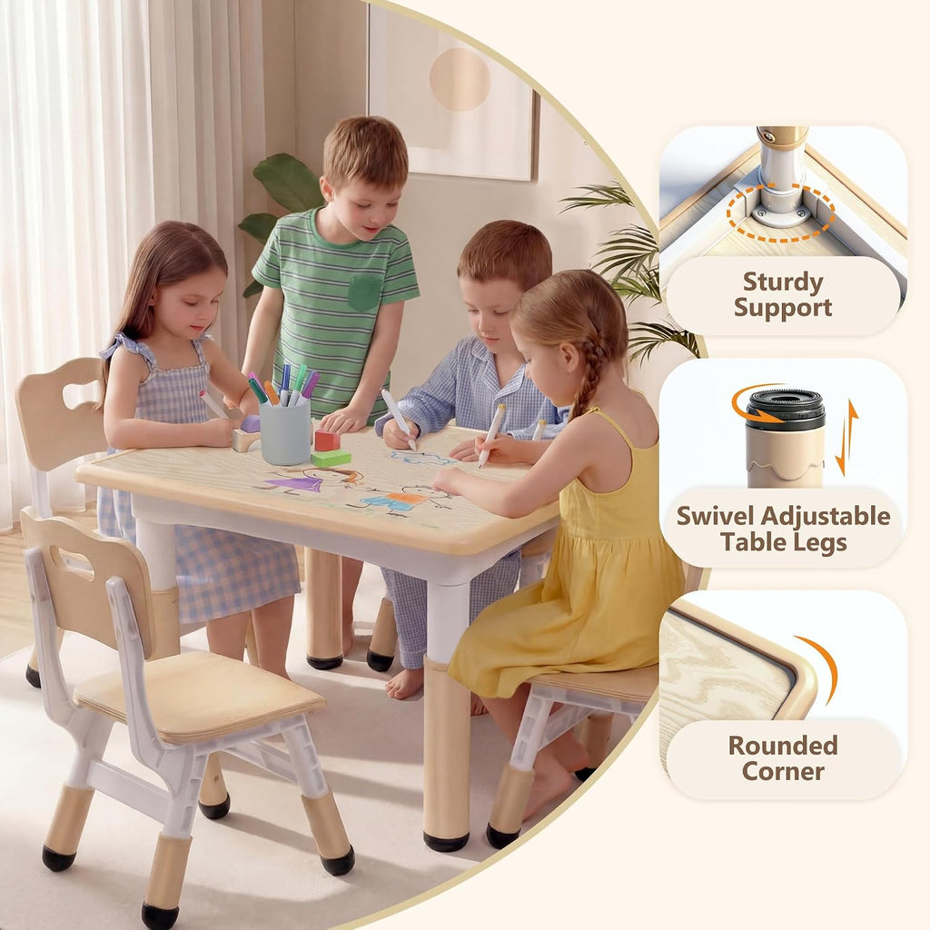 Kinder King Kids Table & 4 Chairs Set, Adjustable Heights, Khaki | Graffiti Tabletop, Children Activity Table, Studying, Drawing, Toddler Furniture Set for Playroom, Daycare, Home, Age 3+