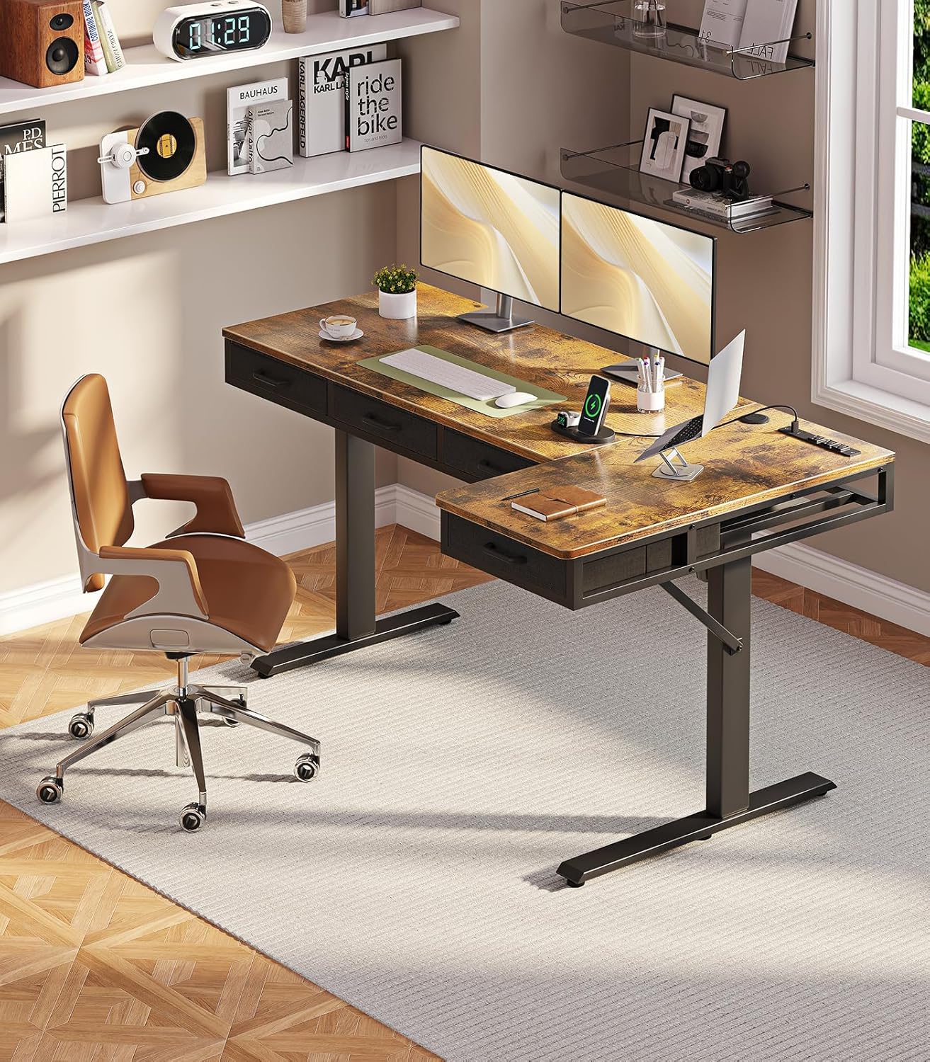 OffiGo 63 Inch L Shaped Electric Standing Desk with 4 Drawers, Rustic Brown | Reversible Corner Table, Office Desk With 4 Drawers and Outlets For Home Office, Computer Workstation And Sit Stand Use