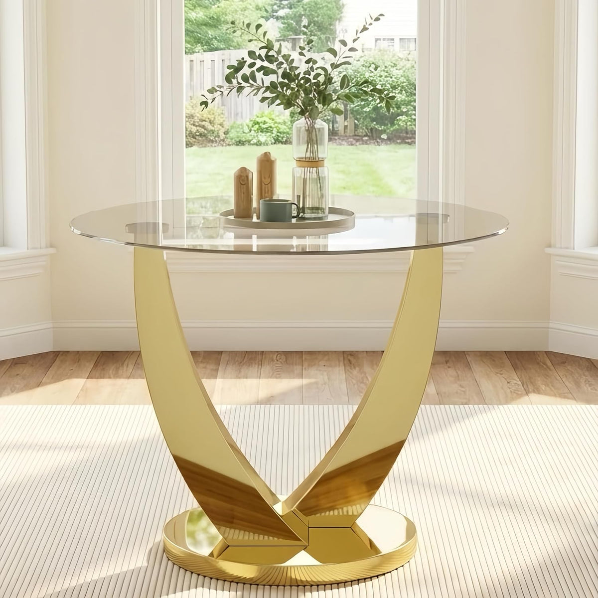 38.9" Round Glass Dining Table for 2-4, Modern Glass Dining Room Table with Tempered Glass Top & Stainless Steel Legs, Round Kitchen Table for Small Space, Apartment(Gold)