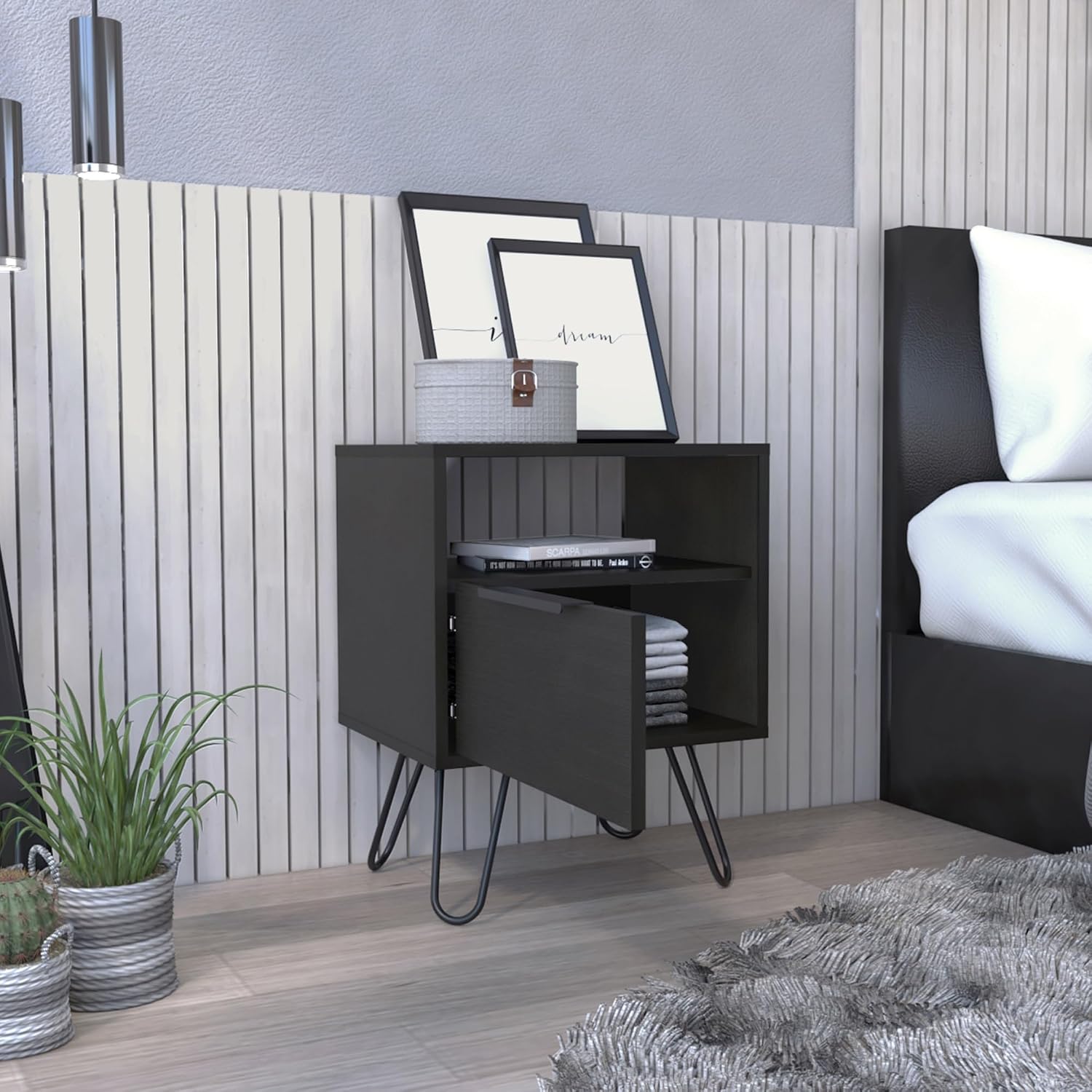 Nightstand, End Table, Side Table Single Door Cabinet, Hairpin Legs -Black,for Small Spaces