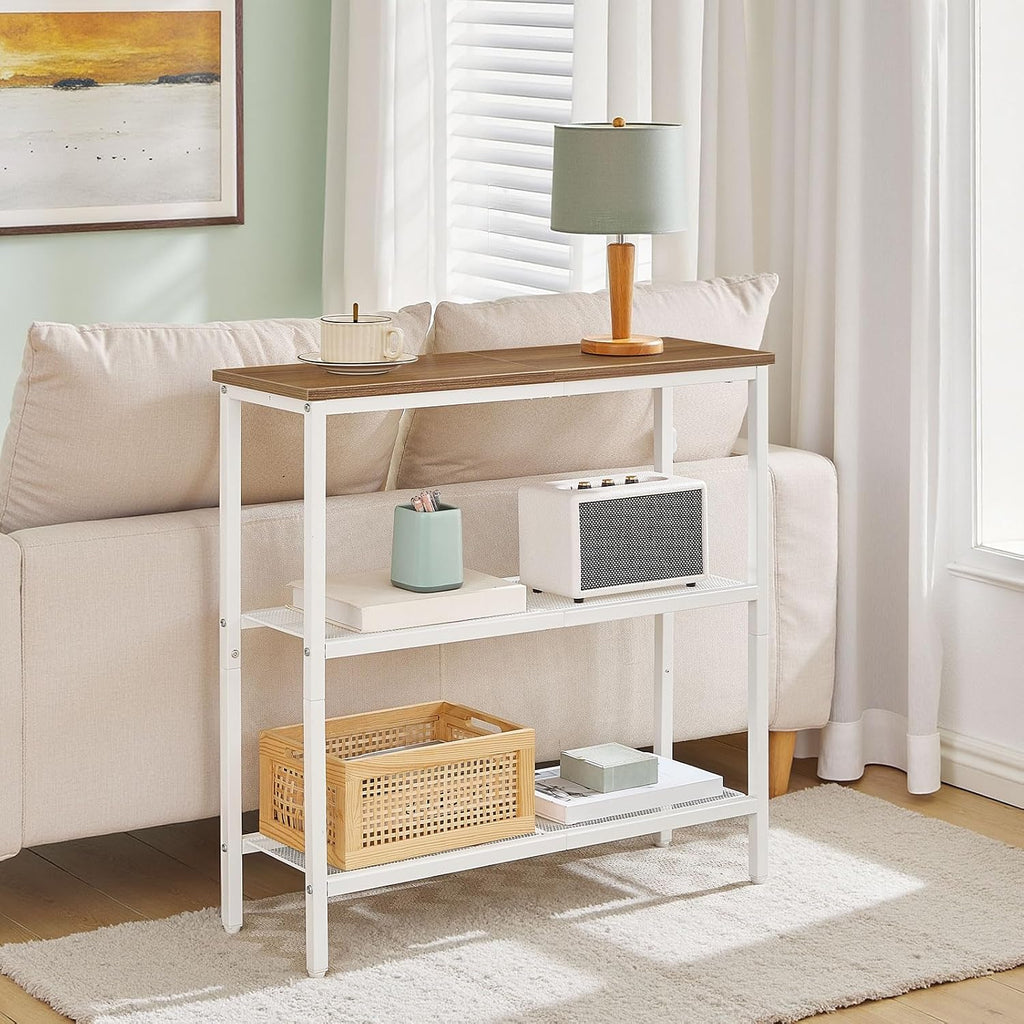 HOOBRO 29.5" Narrow Console Table, 3 Tier Entryway Table with Shelves, Thin Sofa Table, Behind Couch Table, Display Side Table, for Hallway, Entrance, Living Room, Walnut and White WH73XG01