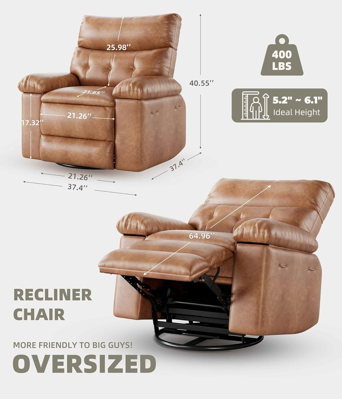 GarveeHome Leather Recliner Chair - Heat and Massage, Swivel Rocker Manual Recliner for Adults, Lazy Rocking Chair with Comfort Arms and Back Single Sofa for Living Room