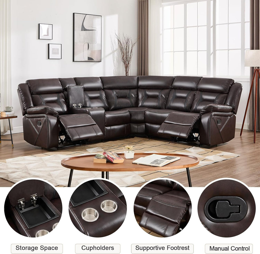 EBELLO Faux Leather Reclining Sectional Sofa Set for Living Room, 1 Recliner Chair and L-Shaped Corner Manual Recliner Sofa Home Furniture Set with Center Console, Cup Holders and Storage, Dark Brown