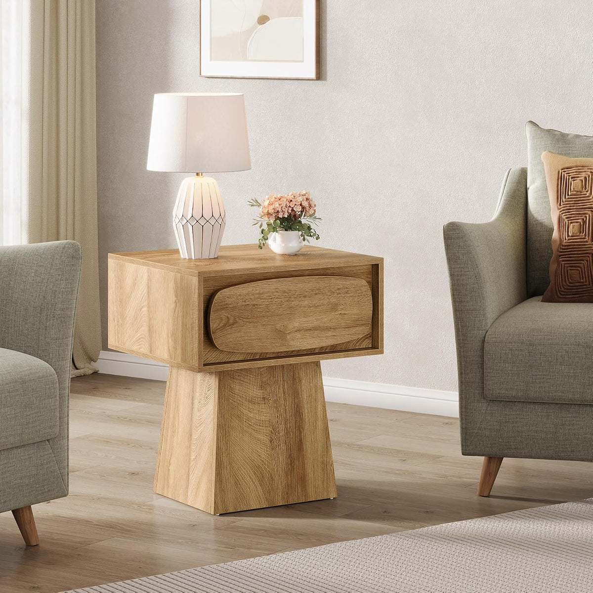 Tribesigns End Table with Storage Drawer, Modern Wooden Side Table with Curved Handle, Small Nightstand for Living Room, Bedroom, Small Spaces (Natural Wood Color)