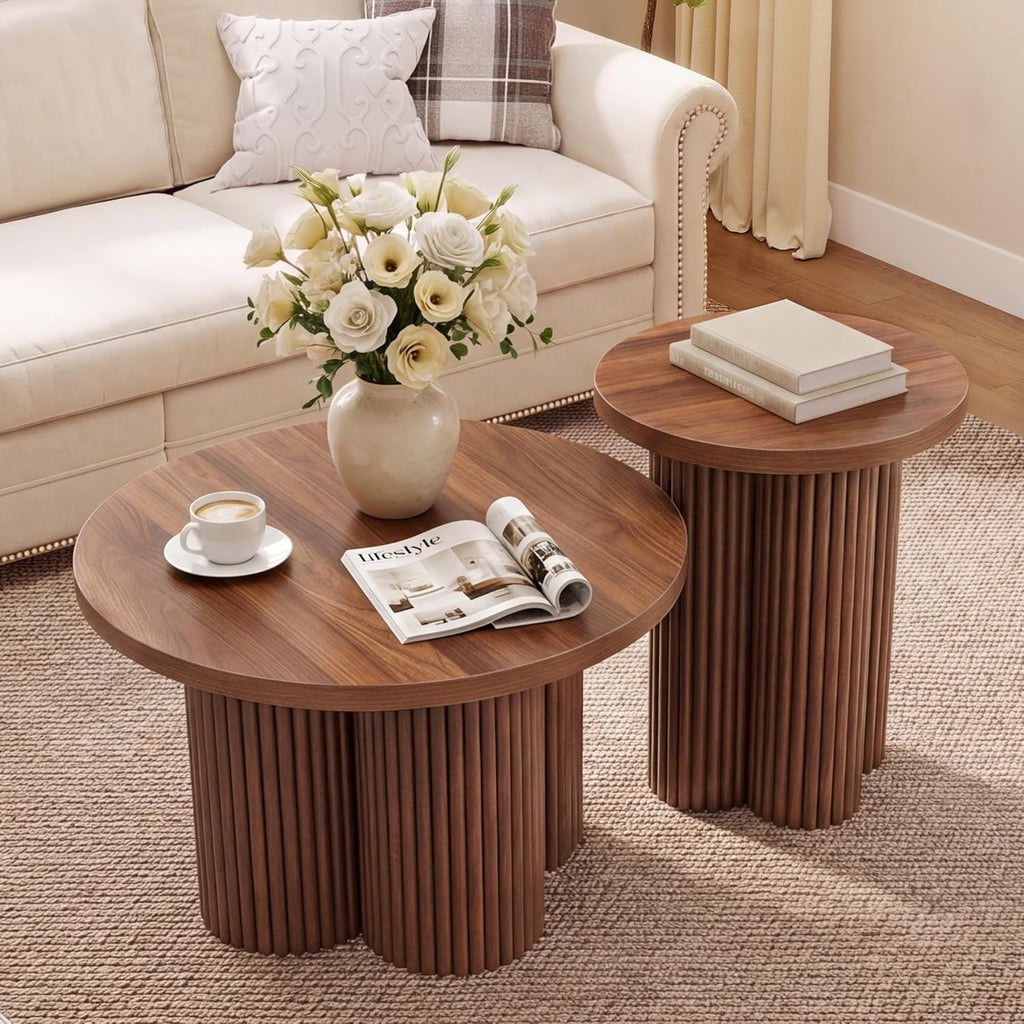 Nesting Coffee Tables Set of 2, Fluted Nesting Tables for Living Room, Multifunctional Round Coffee Table and Side Table Set Wooden Center Tables Small Coffee Table for Small Spaces Balcony