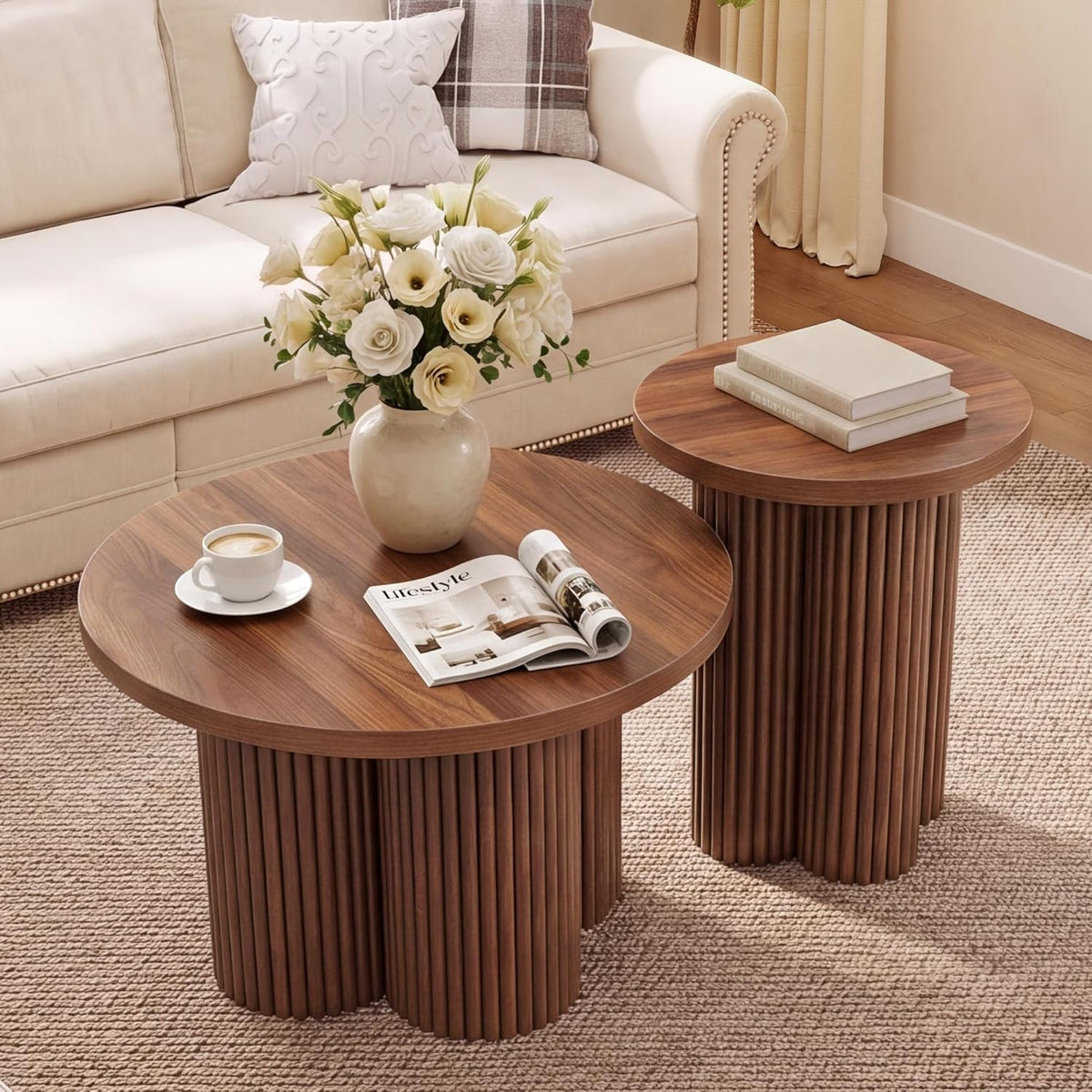 Nesting Coffee Tables Set of 2, Fluted Nesting Tables for Living Room, Multifunctional Round Coffee Table and Side Table Set Wooden Center Tables Small Coffee Table for Small Spaces Balcony