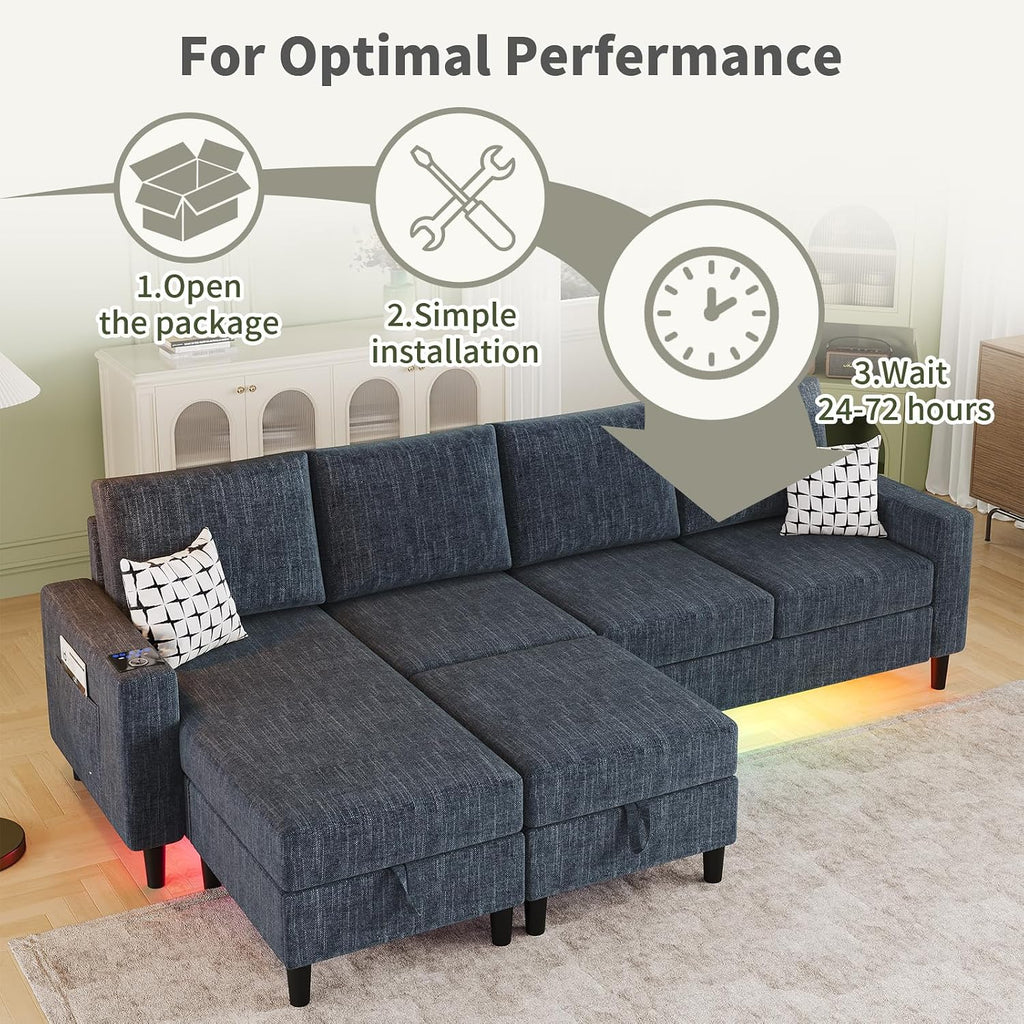 Sectional Couches for Living Room, 6-Seats Soft Linen Fabric Sectional Sofa with Storage Ottoman, Modern Convertible U/L Shaped Couch with Smart Charging Module/LED Light/Music Sync (Blue)