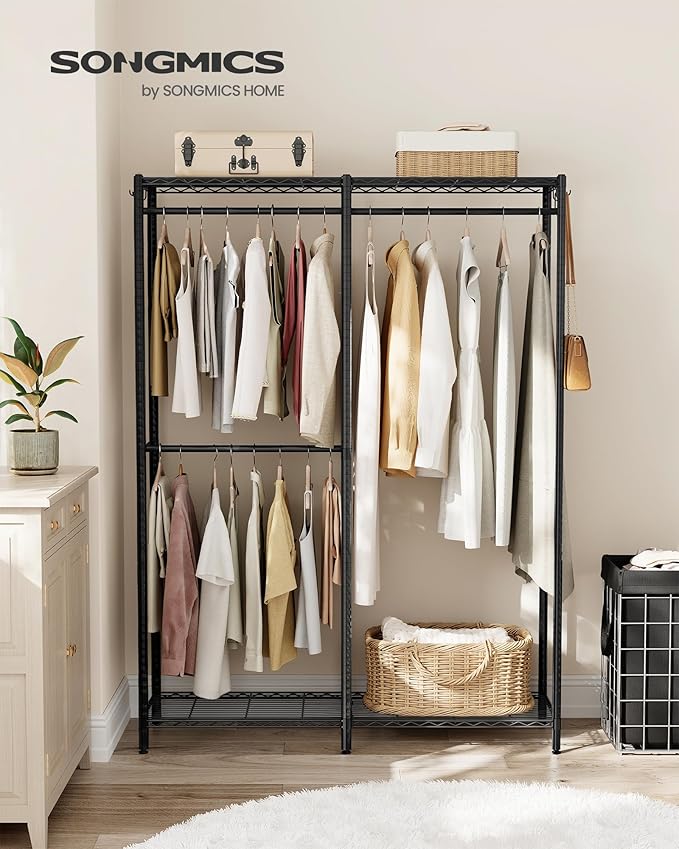 SONGMICS Clothes Rack, Freestanding Wardrobe Closet, Metal Clothing Racks, Heavy-Duty Garment Rack with Adjustable Shelves, Hanging Rods, Dividable, 15.8 x 47.2 x 70.9 Inches, Ink Black ULGR423B01