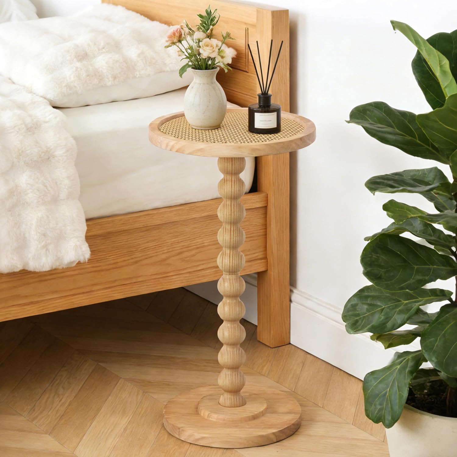 COVLON Solid Wood Drink Table, Small Pedestal Side Table for Small Spaces, Round Rattan Accent End Table Nightstand with Decorative Ball Legs for Living Room, Bedroom, Office, Corners