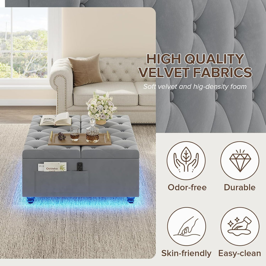 Dnxao Ottoman Coffee Table with Storage and Tray for Living Room, Gray | Tufted Velvet Large Square Ottoman with LED Lights and Charging Station, Multi-Functional Footrest with Storage Pockets