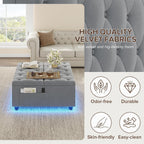 Dnxao Ottoman Coffee Table with Storage and Tray for Living Room, Gray | Tufted Velvet Large Square Ottoman with LED Lights and Charging Station, Multi-Functional Footrest with Storage Pockets