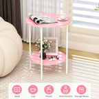 Side Table,Round End Table with 2 Storage Shelves| Compact Side Tables for Living Room, Couch, Gym, Office & Bedroom | Narrow Accent Table as Space-Saving Small Bedside Table 18x18x22in(Pink)