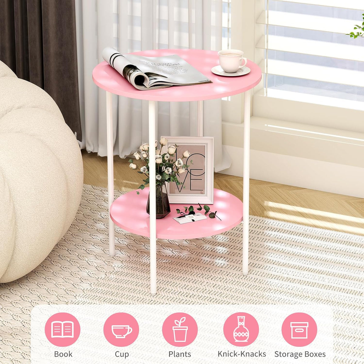 Side Table,Round End Table with 2 Storage Shelves| Compact Side Tables for Living Room, Couch, Gym, Office & Bedroom | Narrow Accent Table as Space-Saving Small Bedside Table 18x18x22in(Pink)
