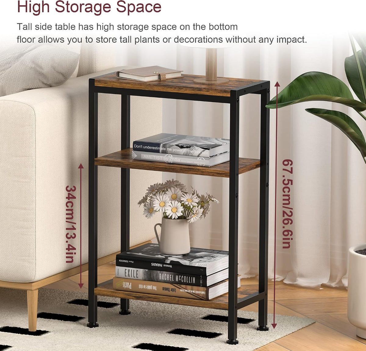 Narrow Side Table for Small Space, 3 Tier Slim End Table, Thin Nightstand, Skinny Snack Couch Table, Sofa Bedside Table in Living Room, Bedroom, Study, Kitchen and Balcony (Rustic Brown)