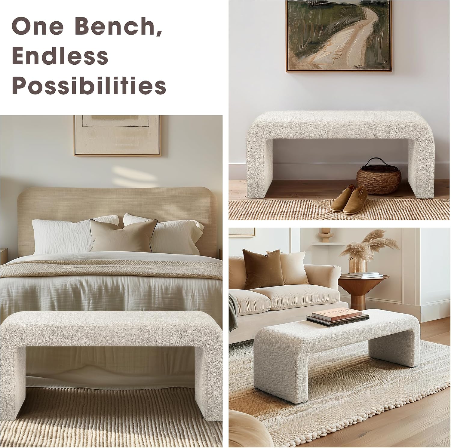 Ink+Ivy Steve Entryway Accent Bench Padded, Cozy Plush Boucle Upholstered Bench for Living Room, Modern Curved Corner Compact Bed End Bench for Bedroom, Indoor Seating, Fully Assembled, 42" W Cream