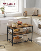 VASAGLE Kitchen Island with 3 Shelves, Storage Cabinet, Steel Structure | Kitchen Shelf with Large Wooden Worktop, 39.4 Inches Width, Rustic Brown and Matte Black, BARNET Collection UKKI105K01