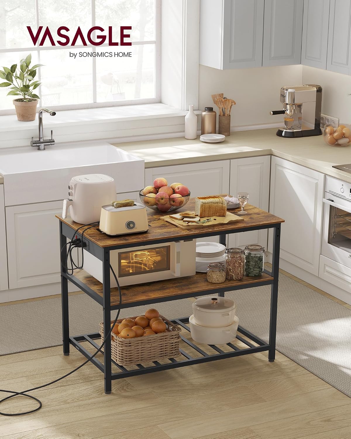 VASAGLE Kitchen Island with 3 Shelves, Storage Cabinet, Steel Structure | Kitchen Shelf with Large Wooden Worktop, 39.4 Inches Width, Rustic Brown and Matte Black, BARNET Collection UKKI105K01