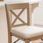 Linon Triena X Back Neutral Greywash Wooden Fully Assembled Folding 24 Inch Seat Height Counter Stool with Beige Upholstered Seat