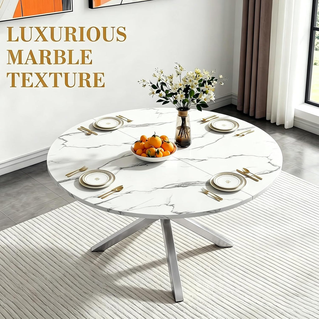 47" Round Faux Marble Dining Table for 4-6, Modern White Marble Top Kitchen Table for 6, Luxury Circle Dining Room Tables with Silver X-Shape Pedestal Base