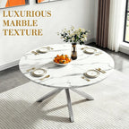 47" Round Faux Marble Dining Table for 4-6, Modern White Marble Top Kitchen Table for 6, Luxury Circle Dining Room Tables with Silver X-Shape Pedestal Base