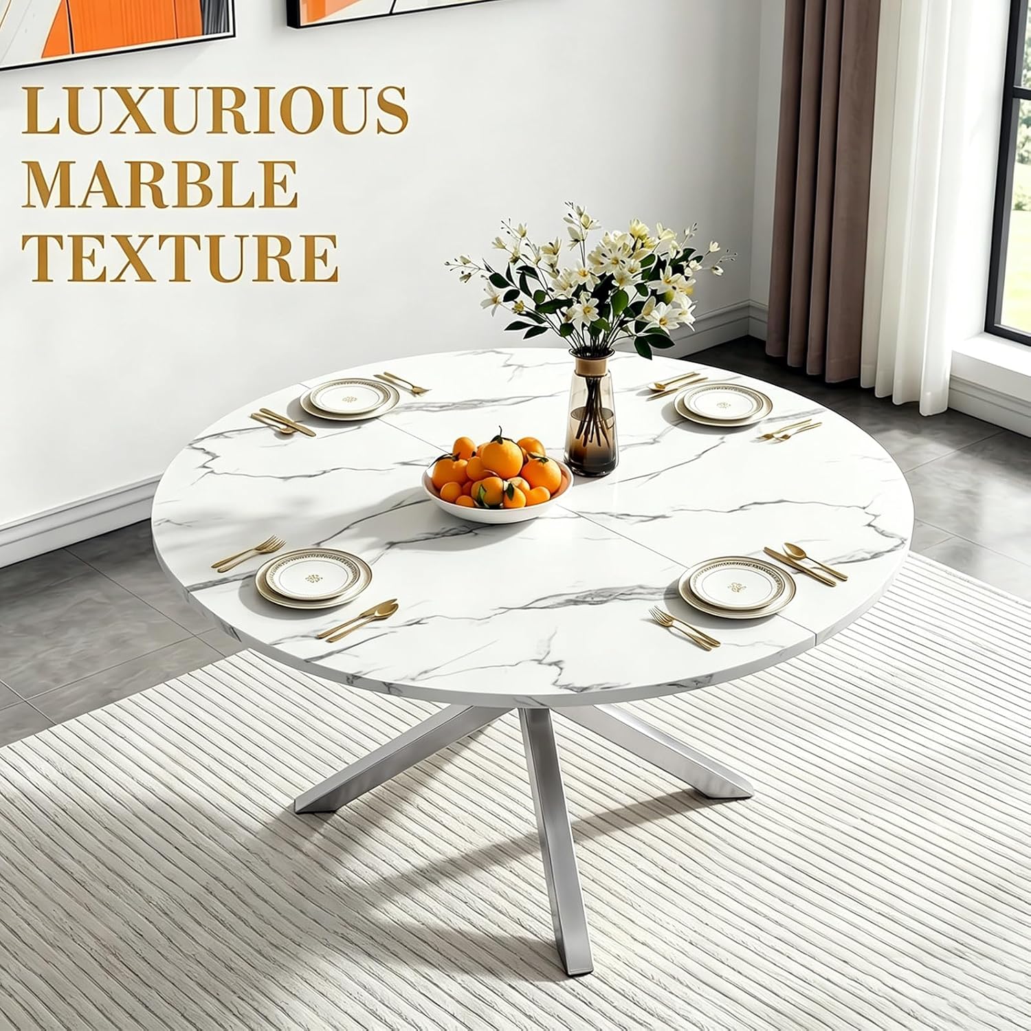 47" Round Faux Marble Dining Table for 4-6, Modern White Marble Top Kitchen Table for 6, Luxury Circle Dining Room Tables with Silver X-Shape Pedestal Base