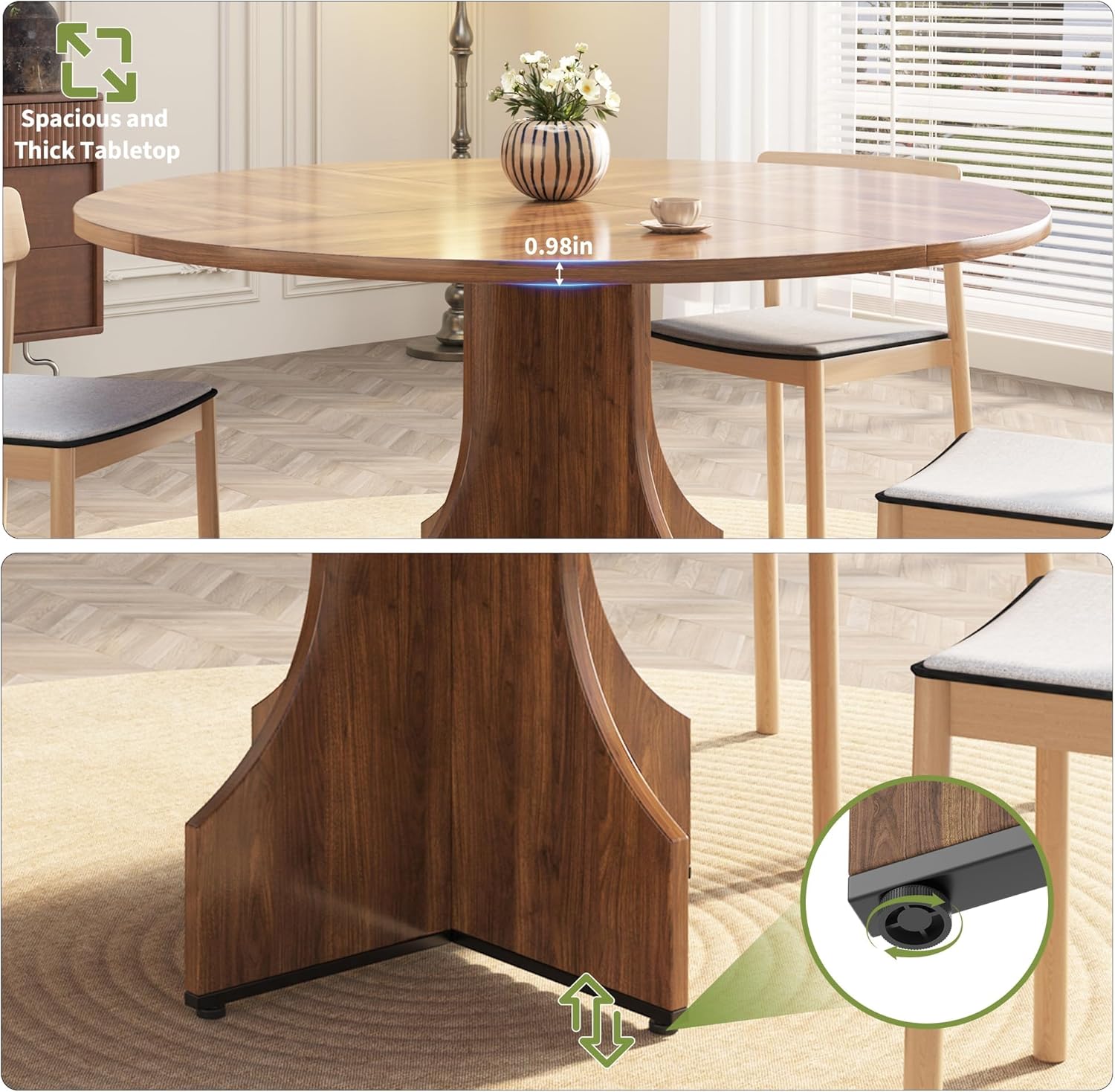Round Dining Table 47 Inch for 4-6 People, 0.98 Inch Thick Tabletop with Adjustable Feet, Sturdy Legs, Easy to Clean & Assemble, Modern Kitchen Dining Room Table for Small Space Apartment, Walnut Wood