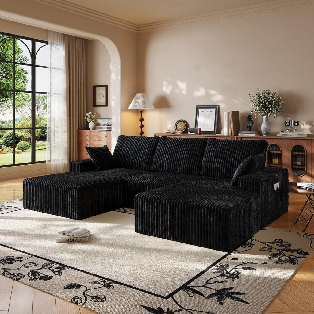 108" U-Shape Modular Sectional Cloud Couch with Ottoman, Deep Seat Couch with Oversized Chaise Lounge, Comfy Flannel Fabric Sofa for Living Room Bedroom Apartment Game Room Basement