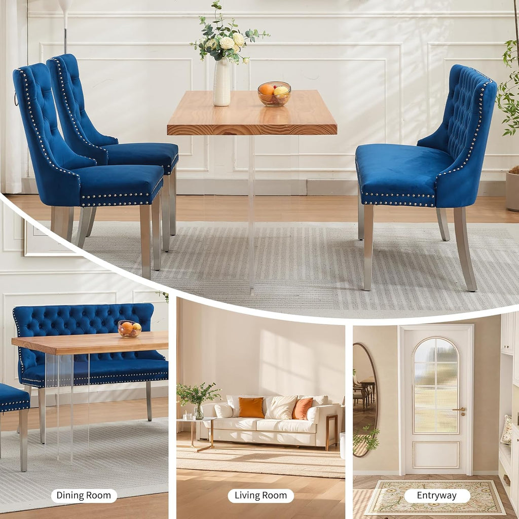 Shenyon Velvet Upholstered Dining Bench with Back, Tufted Loveseat Bench with Silver Stainless Steel Legs and Nailhead Trim, Banquette Seating for Dining Room, Kitchen, Entryway (Blue, Dining Bench)
